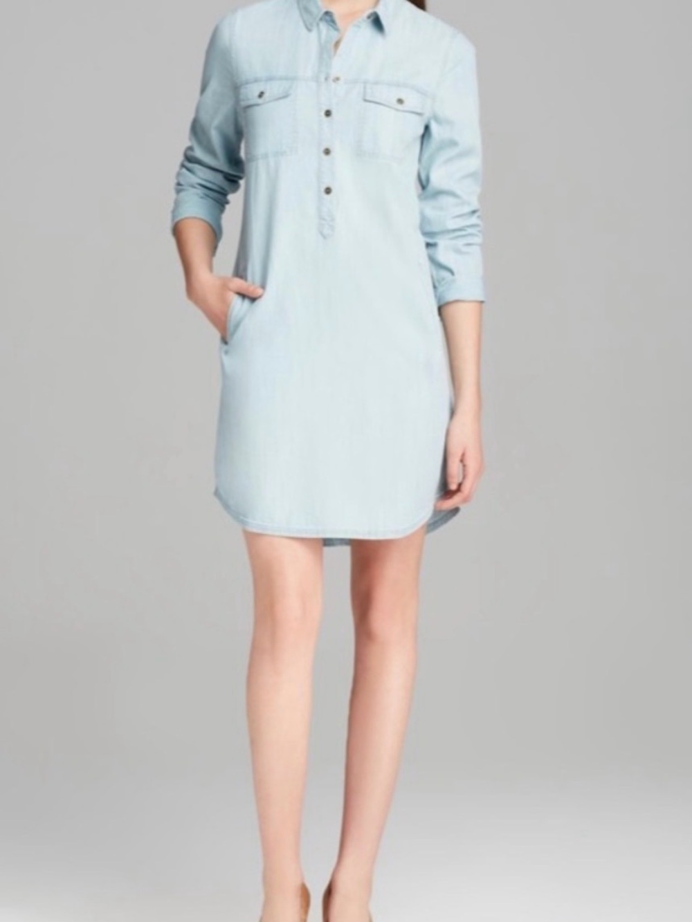 Eileen Fisher Denim Tencel Shirt Dress XXS Light Wash Long Sleeve Pocket Casual
